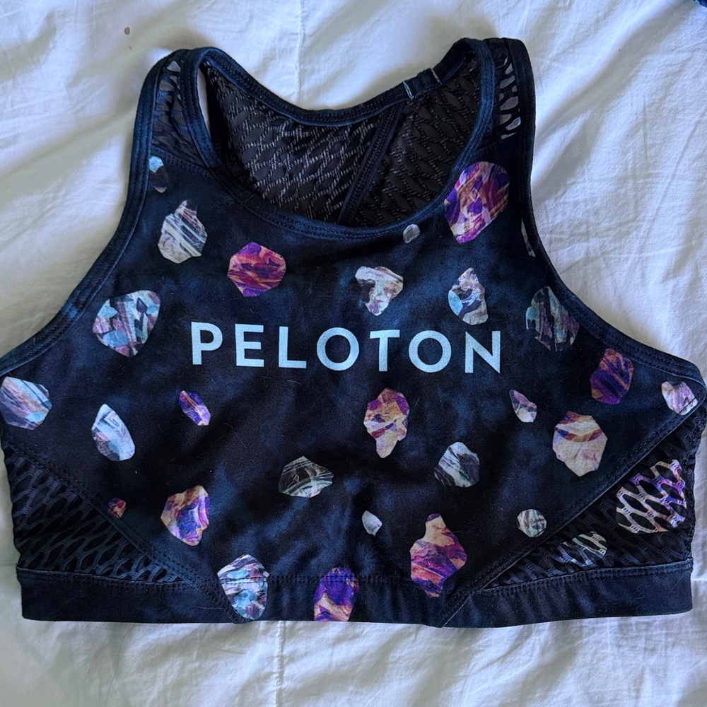 Peloton Black Sports Bra with Purple Pattern